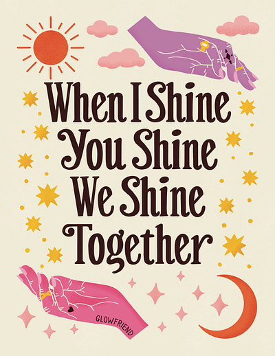 We Shine Together 60s 70s boho handlettering hands illustration lettering moon mystical poster retro stars sun tarot type typography witchy