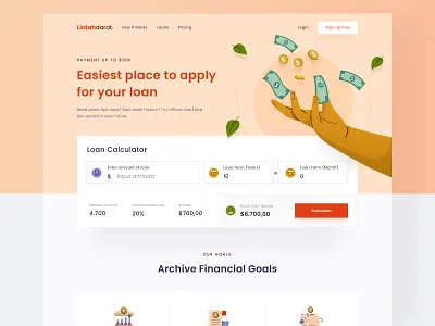 Bank loan landing page π asset bank borrow clean coin desktop economy green hand header illustration landing loan money orange red save ui ux website
