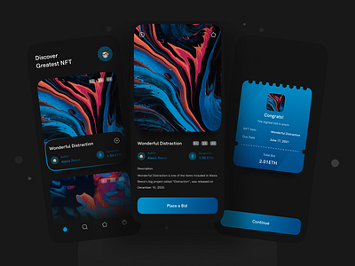 NFT Marketplace Mobile Apps auction auctions app card crypto cryptoart dark dark mode design mobile app mobile apps nft nft art nft marketplace nft mobile apps nft ui ui ui design uiux