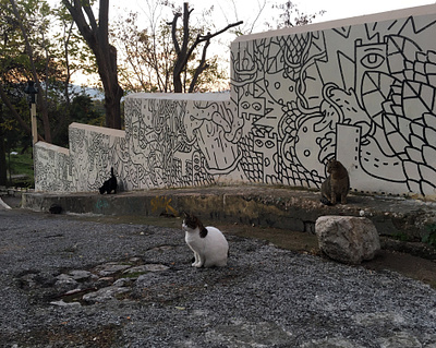 Cats architecture athens black brush cat cats characters doodle graffiti graphics handdrawn illustration interior line marker mural outside sdeviano wall