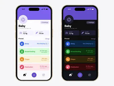 Babyflow mobile app app baby button cards colors dark mode icons mobile settings tab bar tracker ui