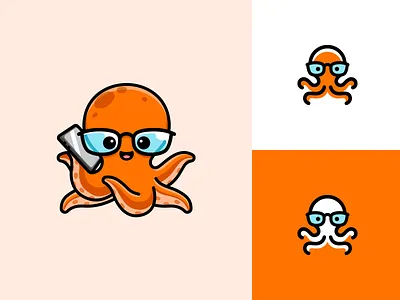 Octopus - Detail or Simple? adorable brand branding cartoon character communication cute geek icon favicon identity illustrative logo logo logo illustration mascot messaging multitasking nerd octopus phone simple