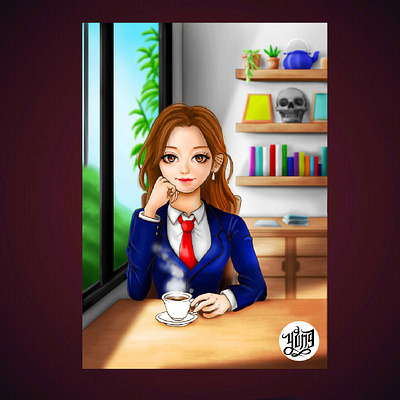 Girl in cafe cafe coffee cute girl girlpainting illustration