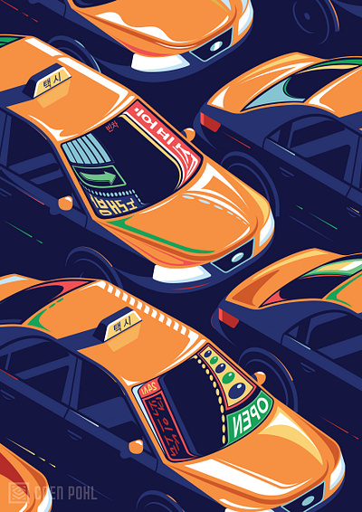 Taxi's in Seoul city illustration isometric korea neon night seoul taxi