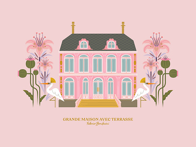 Grande Maison Avec Terrasse animals artprint birds design female flowers house housedesign illustration illustrator maison pink plants postcard romantic stylish vector