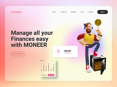 MONEER 3d branding design finance glassmorphism illustration landingpage logo money ui uidesign ux ui webdesign website website design