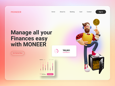 MONEER 3d branding design finance glassmorphism illustration landingpage logo money ui uidesign ux ui webdesign website website design