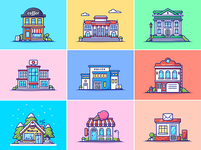 Public building🏡🏥🏦🏫 bakery shop bank building city coffee shop cute fire station hospital ice cream shop icon illustration logo museum police public building school store