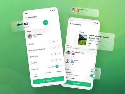 Holeswing - Golf App - Input Score & Round Setup app birdie bogey caddy course eagle golf golf app golfer hole swing leaderboard menu minimal mobile round score setup stick ui design ux design