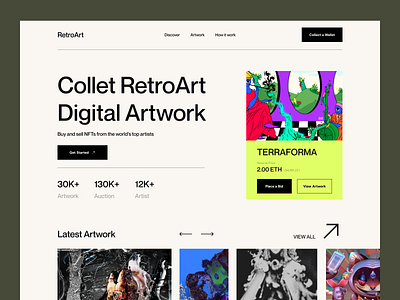 RetroArt NFT Markerplace - Header Exploration binance blockchain crypto cryptoart cryptocurrency dark etherium exploration header landing page landingpage neon platform ui design website