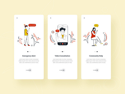 On-boarding Screens- Emergency Response App alert app app design clean clean ui community concept covid 19 app creative emergency illustration indigenous mobile mobile app design mobile design mobile onboarding screen red and black response tracker app vector