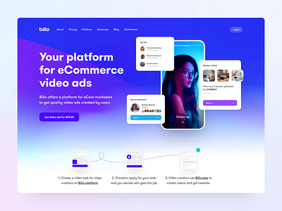 Billo - Hero Concept V3 animated bold color gradient hero sass landing ui design uiux ux video creator video marketplace video sass