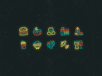 Neon Icon Set art boot bright burger cactus colorful cowboy dark mode design drink food glow icon illustration neon snacks texture theme vector western