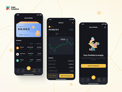 CaKrypto – Crypto App & Web UI Design app binance capi chart coin creative design detail home mobile statics transaction trending ui ui kit