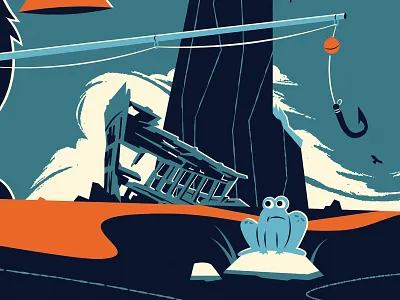 Shipwrecked in Astoria (Detail 2) astoria beach clouds fishing fishing hook fishing rod frog hook illustration lighthouse ocean rock formation rod and reel ship shipwreck