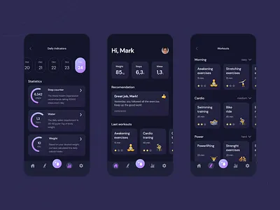 Life tracker advice bar calendar dark design everyday home hydration mobile app settings sleep tab theme tracker ui ux watering weight workout yoga