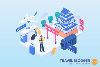 Isometric Travel Blogger Concept Illustration 3d 3d animation 3d art 3d character 3d illustration agency app business concept conceptual flat illustration landing landing page page process technology vector web website