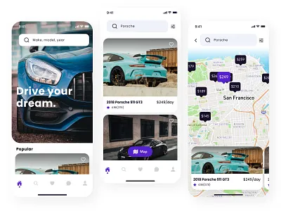Exotic Car rental App 911 app automotive booking car card ios map minimal mobile porsche rental ui ux