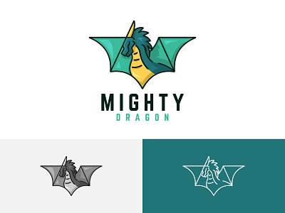 Mighty Horned Green Dragon Flying Wings Strong Legendary Logo app branding design dragon flying green horned icon illustration legendary logo mighty strong symbol vector wings