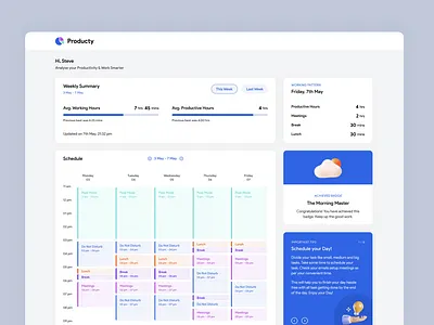Productivity Analysis App analysis badges calendar clean dahsboard desktop app product productivity schedule stats summary tips ui ux