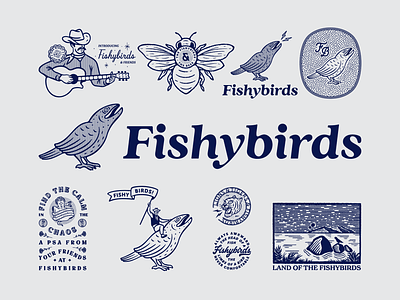 Introducing 🥁🥁🥁 Fishybirds! badge bee bird branding cowboy fish guitar illustration landscape lightning line logo ocean procreate snake stars t shirt texture tiger vintage