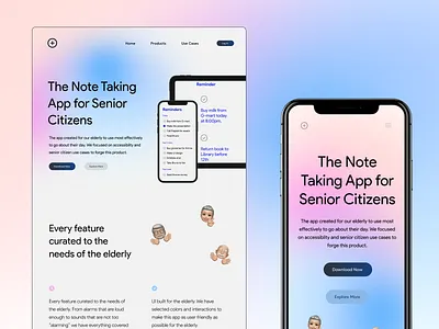 Note Taking App for Senior Citizens app aurora aurora backgrounds brand design branding minimal mobile site note app note taking app typo typography ui ui ux ux website