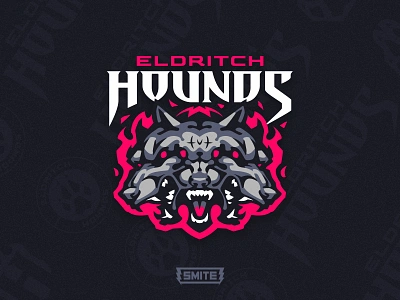 Eldritch Hounds badge branding cerberus dog esports fire gaming hell hound identity illustration logo logotype mascot smite sports wolf