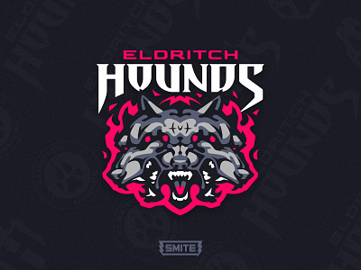 Eldritch Hounds badge branding cerberus dog esports fire gaming hell hound identity illustration logo logotype mascot smite sports wolf