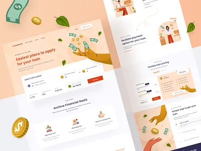 Bank loan landing page full design π asset bank borrow clean coin desktop economy green header illustration landing modern money orange red save ui ux website