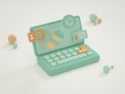 Coffee time 3d break cinema 4d clean design clock coffee dialog illustration keyboard laptop mug octane render stylized time watch work