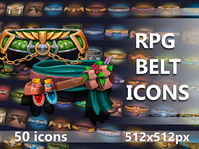 RPG Belt Icons 2d art asset belt fantasy game game assets gamedev icon icone icons indie mmo mmorpg pack png psd rpg set v