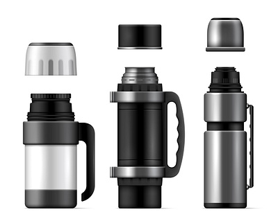Thermoses icons set hot illustration realistic stainless thermos vector