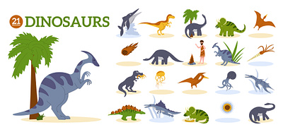 Dinosaur composition cartoon dinosaurs flat illustration prehistory vector