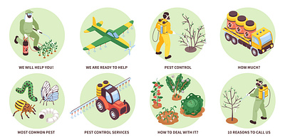 Agriculture pest control set agriculture illustration isometric pest plant vector
