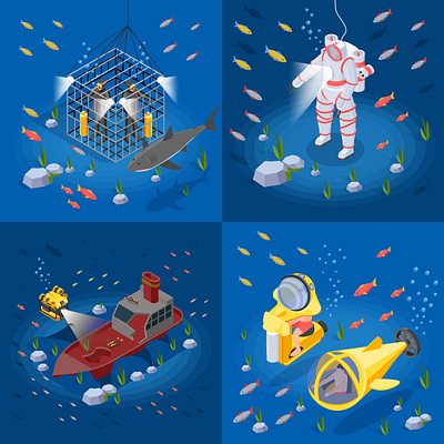 Diving compositions set equipment illustration isometric ocean vector wildlife