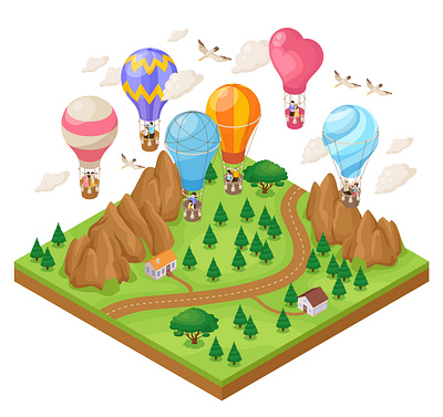 Hot air balloon composition balloon hot illustration isometric journey vector