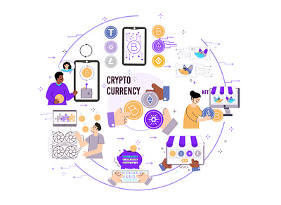 Cryptocurrency transactions currency flat illustration investment transaction vector
