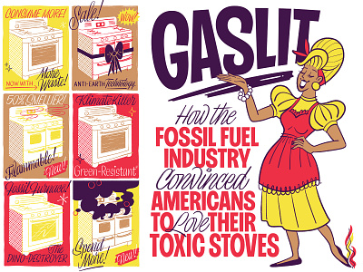 Gaslit — MotherJones custom type editorial environment gas housewife illustration lettering letters mid century midcentury retro sans script stove typography vintage