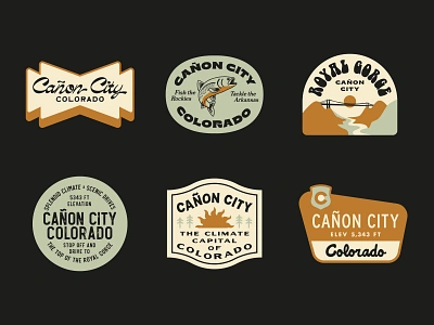 Cañon City Stickers badge boho branding canon city colorado fish fishing icon illustration logo mountains national park rust orange shane harris sticker tan type typography west western