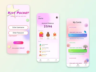 Kids Bank App app banking branding colors creative design glassmorphism gradients illustration kids kids banking app neumorphism ui ux