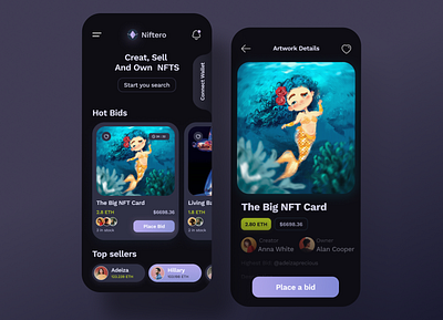 NIFTERO — NFT Marketplace app ui design crypto crypto art cryptoart design graphics ui design ios iphone mobile nft nft app nft app ui nft marketplace nftart ui design uidesign uiux uiux design ux