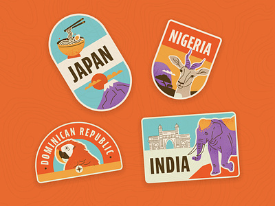 Travel Stickers 🗻🦜🇳🇬🐘 animals badges dominican republic illustration india japan nigeria stickers travel
