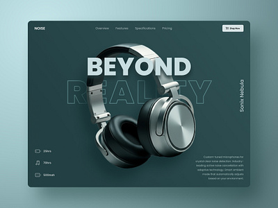 Noise headphone landing page audio bento cards cart ecommerce features headphone landingpage launch menu product product design shop typography ui usp wearable web design