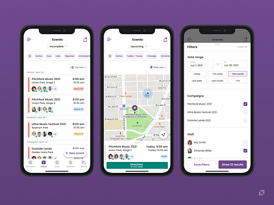 Events list & Filtering (Experiential Marketing App) design events filtering list map presets ui