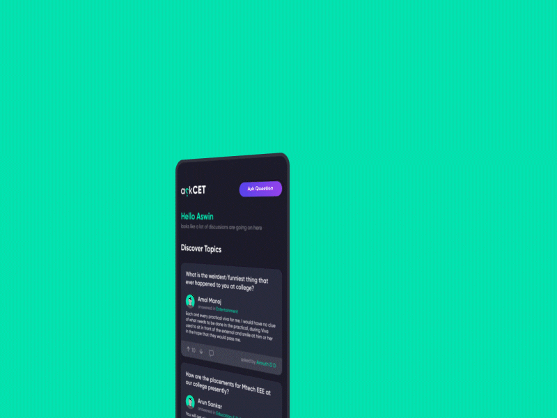 Ask a Question Interaction | askCET Mobile UI animation answer community confetti dark theme design explore forum illustration interaction minimal mobile app modal modern motion design question trending ui ux ui design uidesign