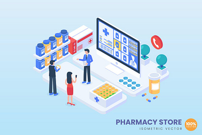 Isometric Pharmacy Store Concept Illustration 3d 3d animation 3d art 3d character 3d illustration agency app business concept conceptual flat illustration landing landing page page process technology vector web website