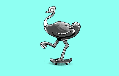 Skate wild. Ostrich. animals characters humor monochrome ostrich skate skateboarding wild
