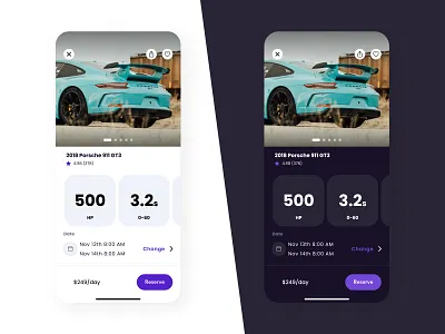 Car rental app light and dark mode 911 app automotive booking car dark dark mode description ios minimal porsche rental ui ux