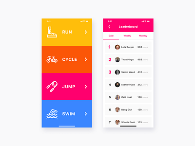 Daily UI #019: Leaderboard bike cycle dailyui dailyui019 fitness health leaderboard mobile ranking run swim walk