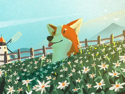 Sunday Morning Field animal corgi dawn dog drawing field flower illustration landscape morning painting scenery windmill